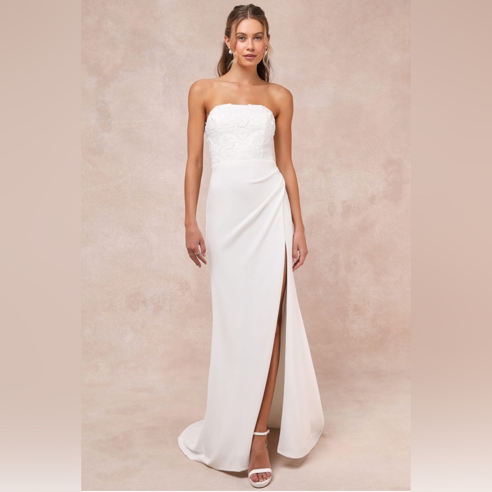 Lulus Refined Glow White 3D Embroidered Sequin Strapless Maxi Dress